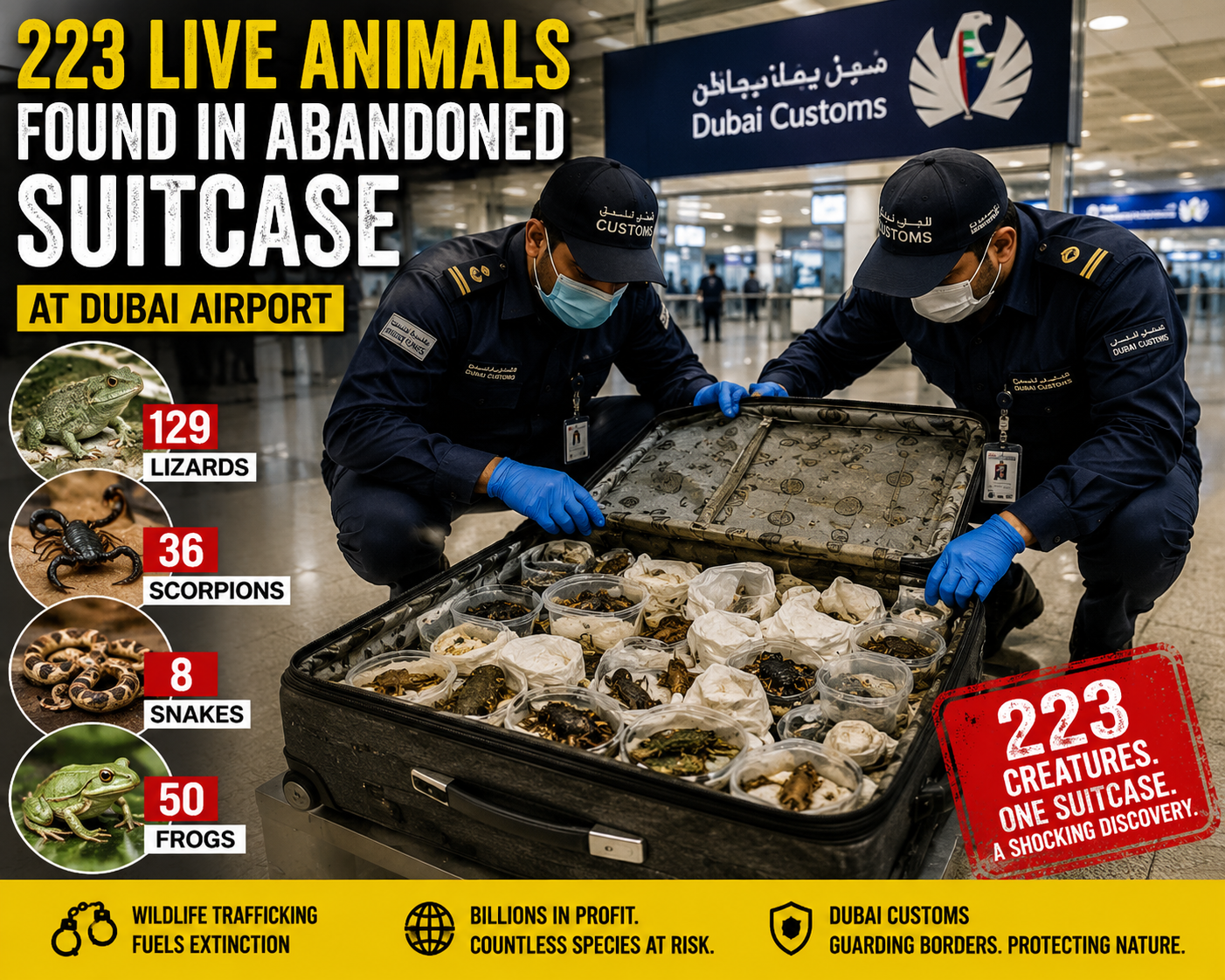 ABANDONED SUITCASE WITH 223 LIVE ANIMALS STUNS DUBAI AIRPORT OFFICIALS